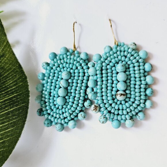 Large Beaded Turquoise Bohemian Shield Earrings | Handmade Indigenous Earrings - Picture 3 of 6